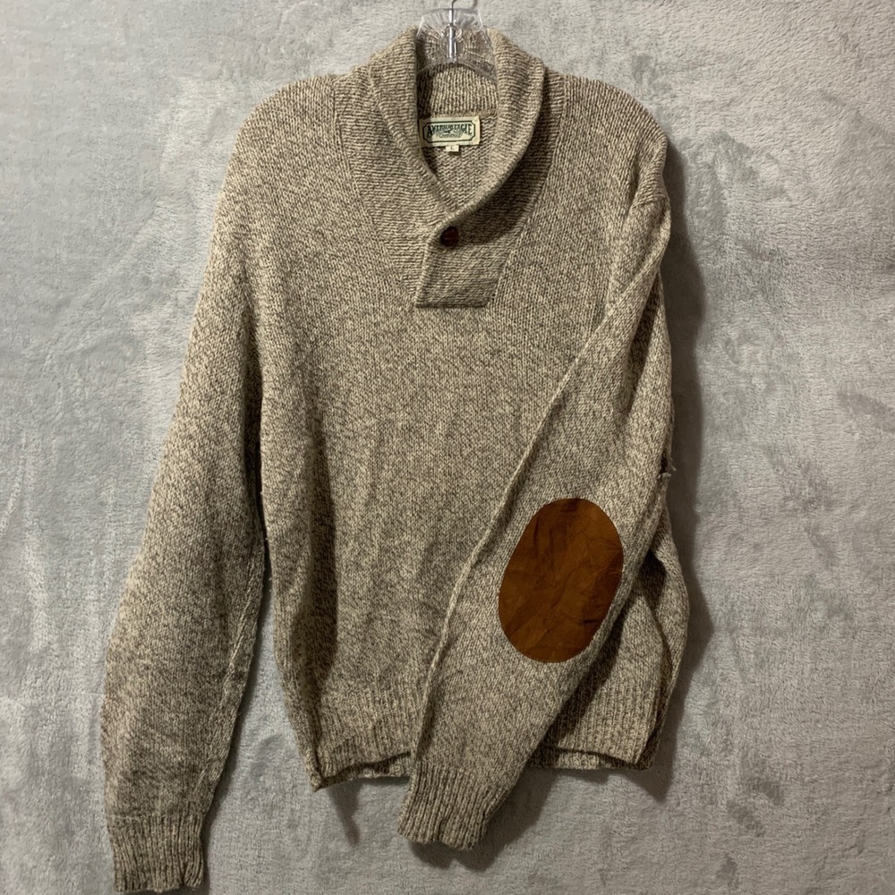 Vtg American Eagle Mens Large Shawl Collar‎ Sweater Elbow Patches Tan Marl Flaw